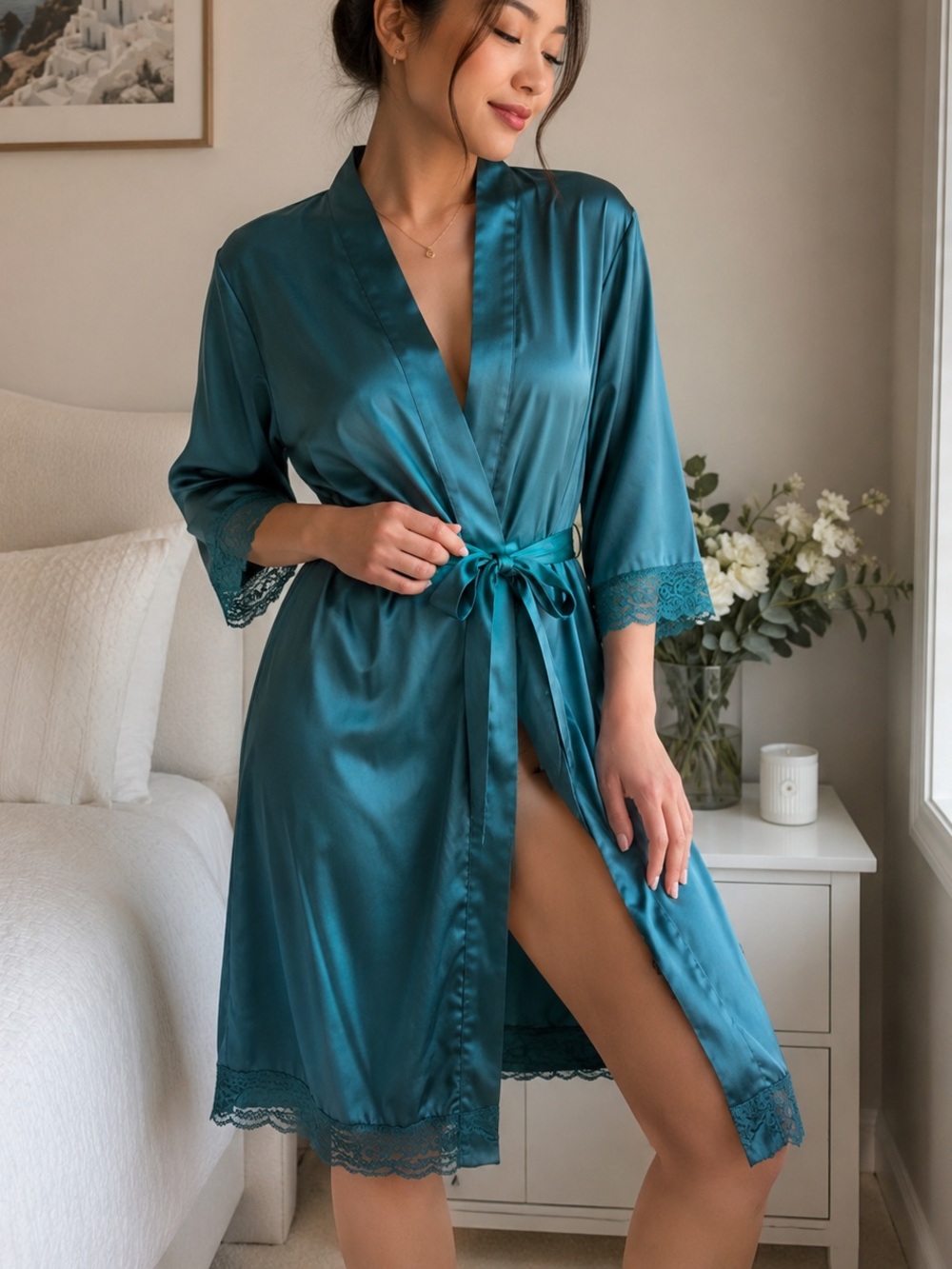 Silky Teal Lace-Trim Wrap Robe with Tie Waist